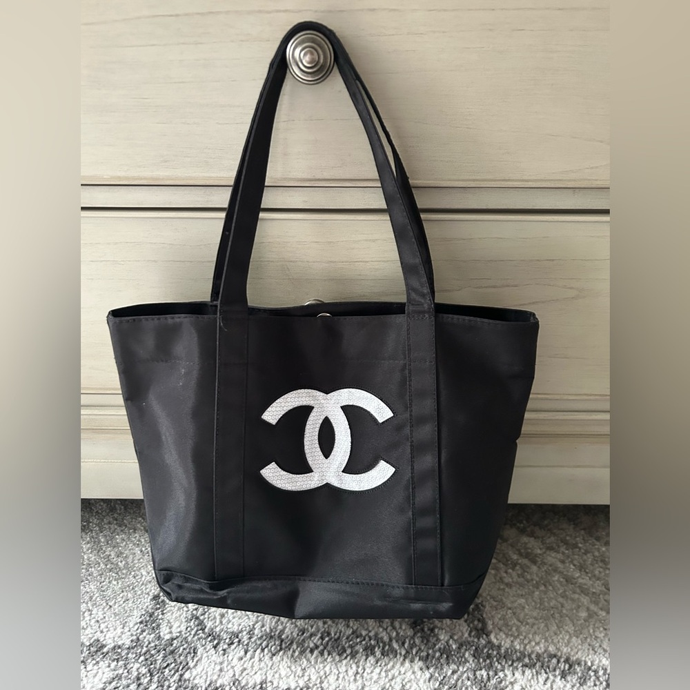 CHANEL Sequin Logo Makeup Tote / Shoulder Bag